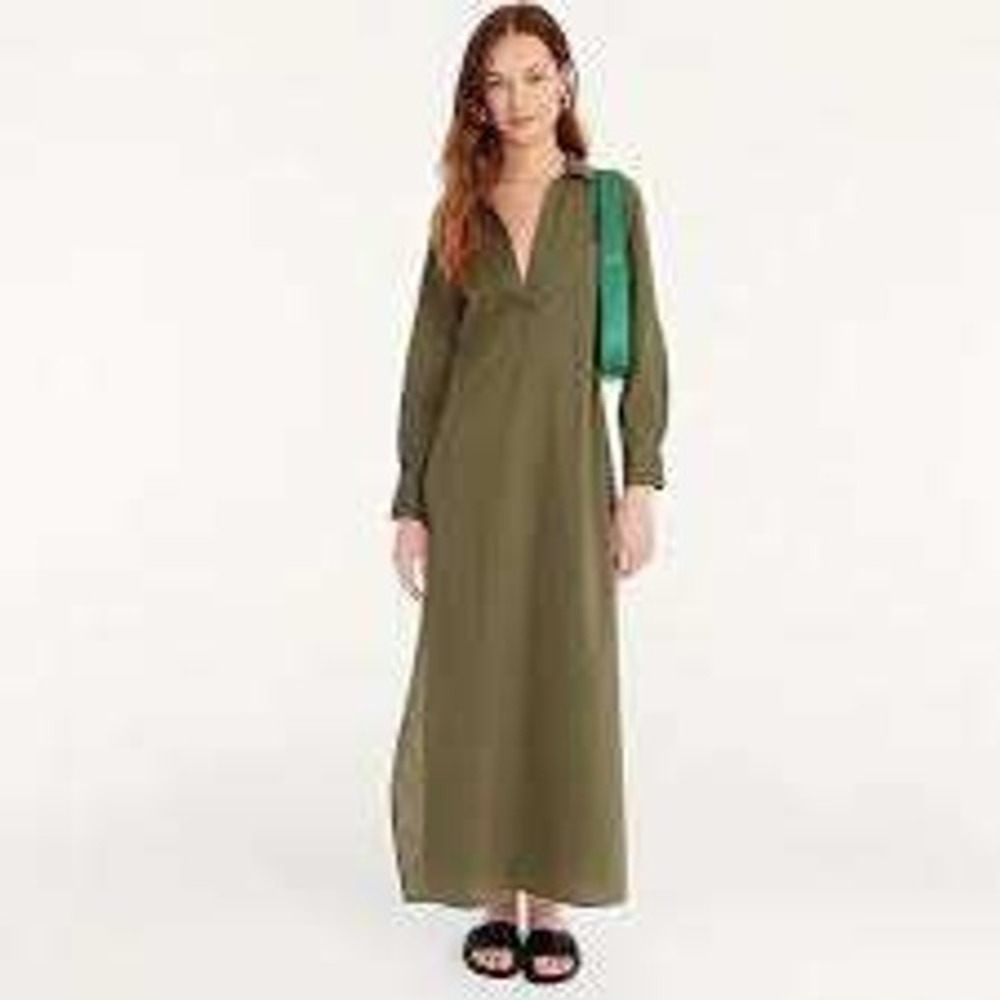 J.Crew Womens XS Olive‎ Green Cotton Popover Maxi Poplin Shirt Dress Side Slit